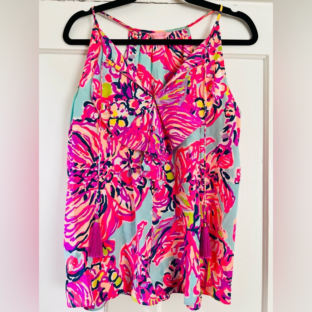 Lilly Pulitzer Lachelle Serene Blue Big Escapade Print Silk Tassel Top